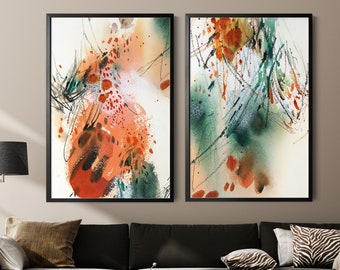Abstract Canvas Prints in Emerald Green and Burnt Orange Colors, Abstract Eye Catching Painting, Large Sizes Wall Decor, Living Room Art