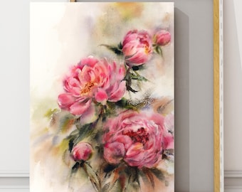Pink Peony flowers Canvas Art Print Wall Decor, Floral Watercolor Painting, Flowers Botanical Wall Art