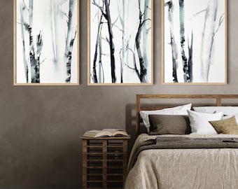 Minimalist Canvas Prints 3 Set, Birch Trees Painting, Forest Watercolor Prints