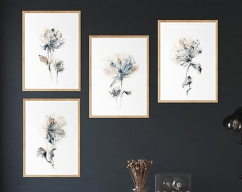 Florals Set of 4 Canvas Prints, Flower Watercolor Prints, Abstract Minimalist Flower Painting Art