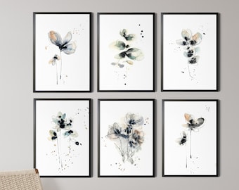 Canvas Prints 6 Set, Neutral Grey Watercolor Prints, Gallery Wall 6 Pieces Prints, Abstract Botanical Paintings, Prints on Canvas Office Art