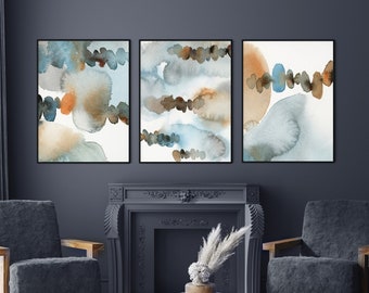 Set of 3 Abstract Canvas Art Prints for Wall Decor, Abstract Paintings Art Blue and Earthy Burnt Orange Tones, Neutral Living Room Decor