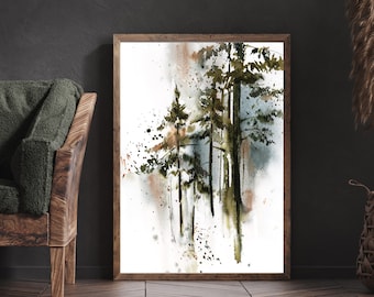 Pine Tree Canvas Art Print, Nature Forest Trees Watercolor Painting, Evergreen Landscape Wall Decor Woodland Art