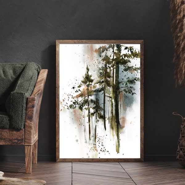 Tree Watercolor Print, Nature Wall Art Print, Forest Tree Canvas Art, Pine Tree Painting, Evergreen Wall Hangings, Greenery Wall Decor