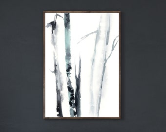 Birch Tree Canvas Wall Print, Forest Wall Art, Tree Watercolor Painting, Minimalist Nature Art, Print on Canvas, Extra Large Wall Decor Art