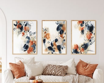 Abstract Paintings Set of 3 Canvas Prints Burnt Orange Blue Art, Extra Large Wall Art, 3 Canvas Panels Wall Art, Abstract Painting Art