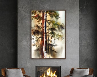 Pine Tree Watercolor Canvas Print, Forest Woodland Nature Wall Art