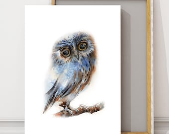 Cute Owl Canvas Art Print, Bird Watercolor Print, Owl Big Eyes Painting Woodland Wall Decor on Canvas