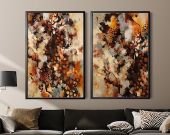 Abstract Paintings 2 Canvas Art Prints Set on Terracotta and Burnt Orange Colors Wall Decor, Abstract Eye Catching Canvas Wall Prints Art