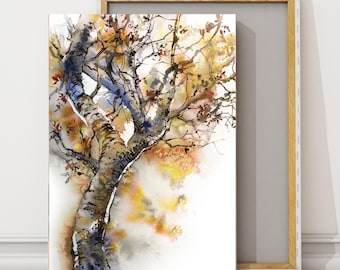 Autumnal Tree Canvas Print, Tree Painting, Watercolor Tree Print on Canvas, Woodland Wall Decor