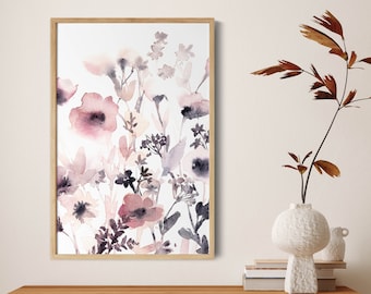 Pink Flowers Art Print, Abstract Flowers Painting, Canvas Art Print, Pink Pastel Tones Watercolor, Botanical Wall Decor, Shabby Chic Print