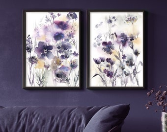 Set of 2 Floral Prints, Purple Flower Art Prints, Watercolor Painting, Abstract Wall Art, Botanical Painting, Boho Canvas Prints Home Decor
