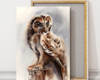 Owl Canvas Print, Bird Watercolor Print, Brown Owl Painting Woodland Wall Decor on Canvas