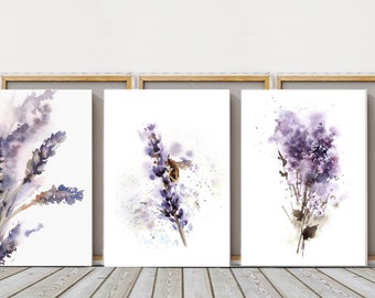 Purple Flowers Set of 3 Canvas Prints, Lavender Wall Art, Botanical Print, Purple Painting, Framed Wall Prints, Bedroom Floral Wall Decor