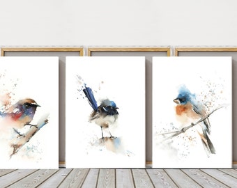 Set of 3 Bird Canvas Prints, Fairy Wren Painting, Robin Bird Wall Art, Watercolor Painting, Framed Wall Art, Bird Nature Wall Art Decor Set