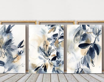 Watercolor Leaves Painting, Set of 3 Leaf Painting, Blue Botanical Wall Art, Canvas Abstract Art Print, Floral Art Prints, Nature Home Decor