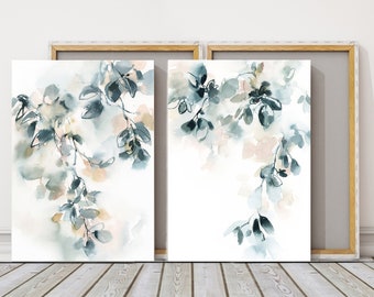 Set of 2 Prints, Large Watercolor Painting, Abstract Leaves Print, Teal Wall Art, Botanical Canvas Art, Nature Wall Decor, Living Room Decor