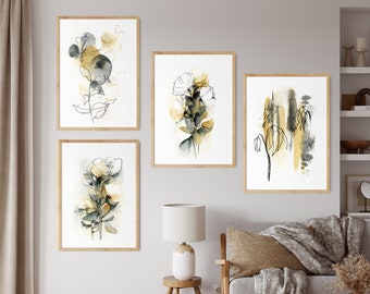 Abstract Nature 4 Panels Gallery Wall Set, Canvas Prints Set of 4, Abstract Watercolor Painting, Mustard Yellow and Green Earthy Tones Art
