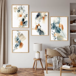 Abstract Painting Set of 4, Gallery Wall Art, Canvas Art Print, Large Wall Art, Blue Terracotta Watercolor Prints, Oversized Boho Wall Art