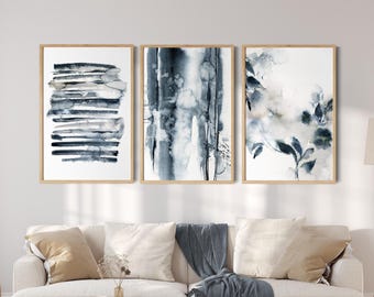 Abstract Canvas Prints Set of 3 Pieces Wall Decor in Dark Blue Colors -  Abstract Watercolor Painting Art
