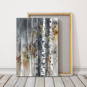 May include: Watercolor painting of birch trees in a forest. The artwork features vertical birch tree trunks with black and white bark, set against a muted gray and brown background. The canvas is displayed on a wooden floor.