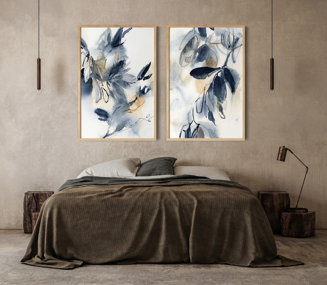 Abstract Blue Botanical Prints Set of 2 Canvas Prints Wall Decor ...