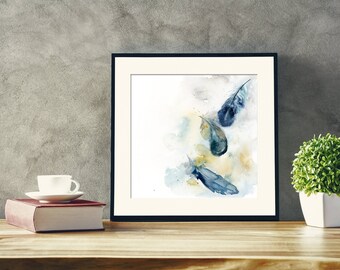 Feathers Original Watercolor Painting, feathers painting, teal feathers, watercolour modern abstract realism painting art