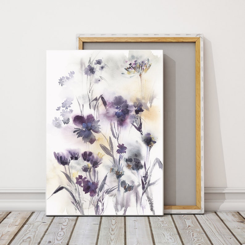 Abstract Purple Florals Canvas Print, Boho Wall Print, Flowers Watercolor Painting, Abstract Botanical Wall Decor, Large Sizes Canvas Art Wrapped Canvas