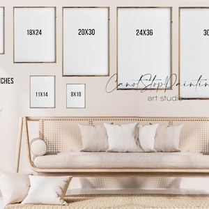 Pu&ograve; includere: Esposizione di stampe artistiche incorniciate in varie dimensioni, tra cui 40x50 cm, 45x60 cm, 50x76 cm, 61x91 cm, 76x102 cm, 28x35 cm e 20x25 cm. Il testo "SIZES IN INCHES" &egrave; visibile. &Egrave; presente anche il nome dello studio d'arte, "CanotStopPainting".