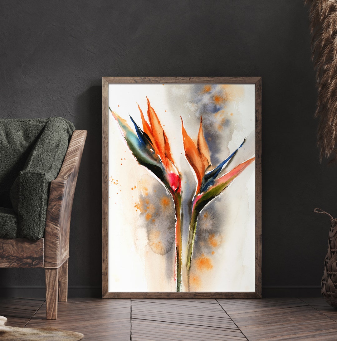 Bird of Paradise Wall Art Print on Canvas, Tropical Flowers Watercolor ...