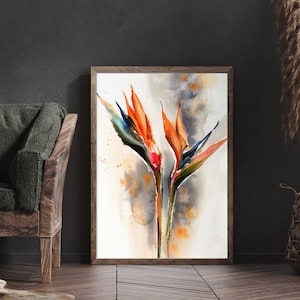 Bird of Paradise Wall Art Print on Canvas, Flowers Watercolor Print, Tropical Florals Painting, Tropical Nature Wall Decor Canvas Art Print