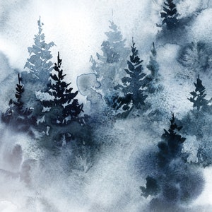 May include: Watercolor painting of a forest scene in shades of blue and gray. The artwork depicts stylized evergreen trees emerging from a misty background. The soft, blended colors create a serene and atmospheric landscape.