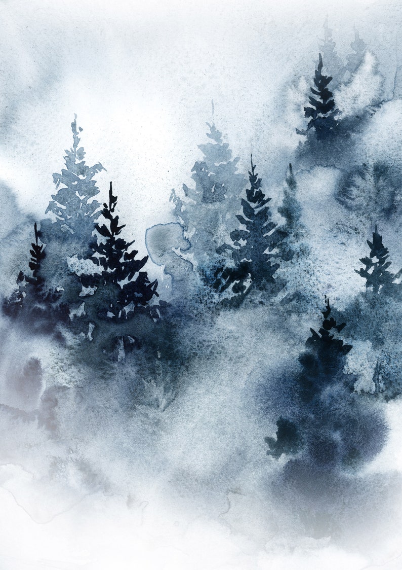 May include: Watercolor painting of a forest scene in shades of blue and gray. The artwork depicts stylized evergreen trees emerging from a misty background. The soft, blended colors create a serene and atmospheric landscape.