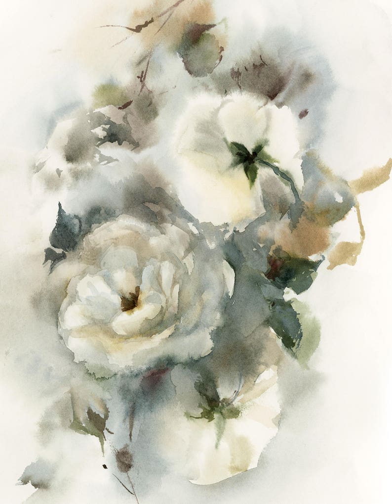 Flowers Painting Painting of Roses Rose Art White Roses Original Watercolor Painting Floral Botanical Watercolour Art