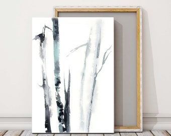 Birch Tree Painting, Forest Wall Art Print, Canvas Print, Minimalist Landscape Print on Canvas, Tree Watercolor, Ready to Hang Wall Decor