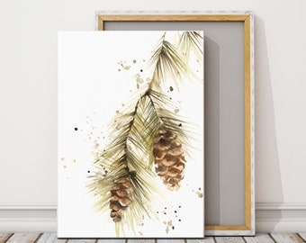 Pine Tree Branch with Pinecone Canvas Print, Greenery Wall Decor, Evergreen Botanical Watercolor Painting Art