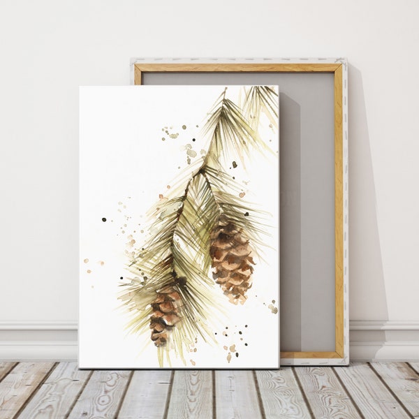 Canvas Print of Pine Tree Branch with Pinecone, Greenery Wall Decor, Botanical Watercolor Print, Green Nature Print on Canvas, Evergreen Art
