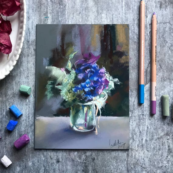 Tableau Bouquet De Fleurs Bleues Pastel Sec Sur Pastelle Planche Peinture Originale Par Canotstop Hortensia Bleu Et Les Feuilles Dans Une Peinture