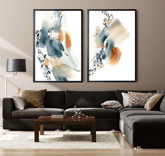 Abstract 2 Panels Canvas Prints Wall Hangings, Terracotta Blue