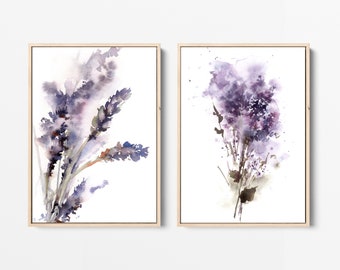 Purple Wall Art 2 Pieces Canvas Prints Watercolor Flowers, Lavender and Lilac Painting Wall Art, Wrapped Canvas Art Prints Purple Wall Decor