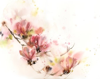 Magnolia Pink Flowers Canvas Art Print, Blooming Spring Tree Watercolor Painting Nature Wall Decor