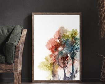Colorful Trees Canvas Art Print, Forest Autumn Nature Painting, Large Size Print on Canvas, Nature Decor Print, Woodland Wall ArT Print