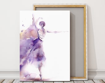 Ballerina in Purple Canvas Art Print, Ballet Dance Watercolor Painting Loose Style Art