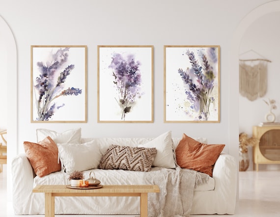 Set of 3 Flowers Print, Lavender Wall Art, Purple Flower Painting, Botanical Print, Canvas Print, Purple Interior Decor, Living Room Prints