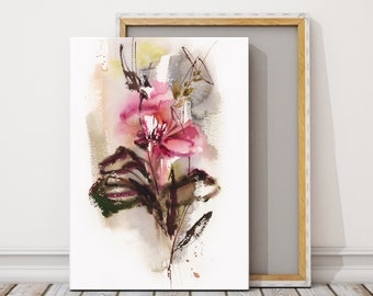 Abstract Pink Flowers Canvas Art Print, Botanical Watercolor Art, Florals Painting, Abstract Nature Wall Decor, Tropical Art Print on Canvas