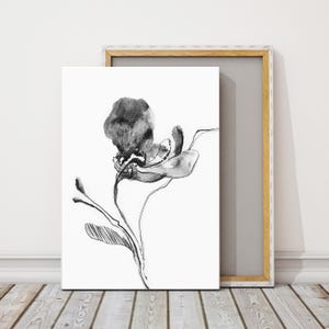 Abstract Flower Canvas Fine Art Print, Botanical Watercolor Painting, Black and White Wall Art Print, Flower Nature Art, Print on Canvas