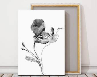 Abstract Black Flower Canvas Art Print, Botanical Watercolor Painting Black and White Wall Decor