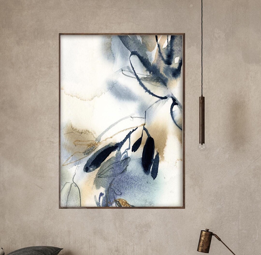 Abstract Blue Tan Leaves Canvas Art Print, Blue Botanical Wall Art ...