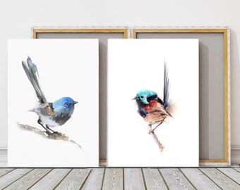 Set of 2 Bird Art Prints, Fairy Wren Painting, Bird Watercolor Painting, Canvas Art Print, Giclée Art, Australian Bird Art, Blue Bird Print