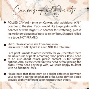 May include: Text on a canvas art print advertisement. The text includes information about rolled canvas prints, sizes, returns, and color variations. The prints are shipped rolled in a tube and are not framed.